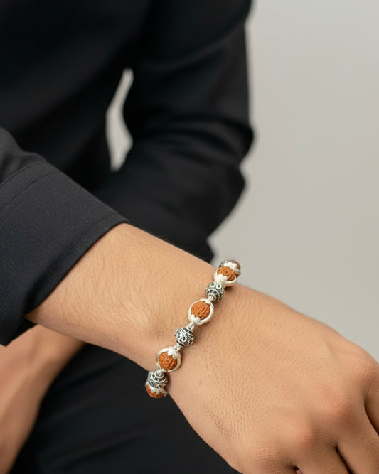 Rudraksha Bracelet with 925 Silver Om Links - Mahadev's Grace