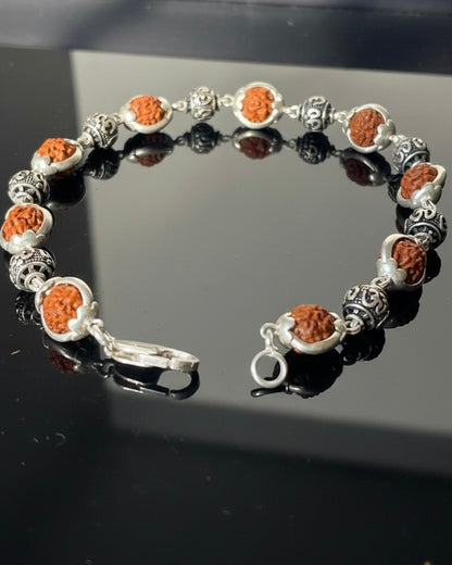 Rudraksha Bracelet with 925 Silver Om Links - Mahadev's Grace