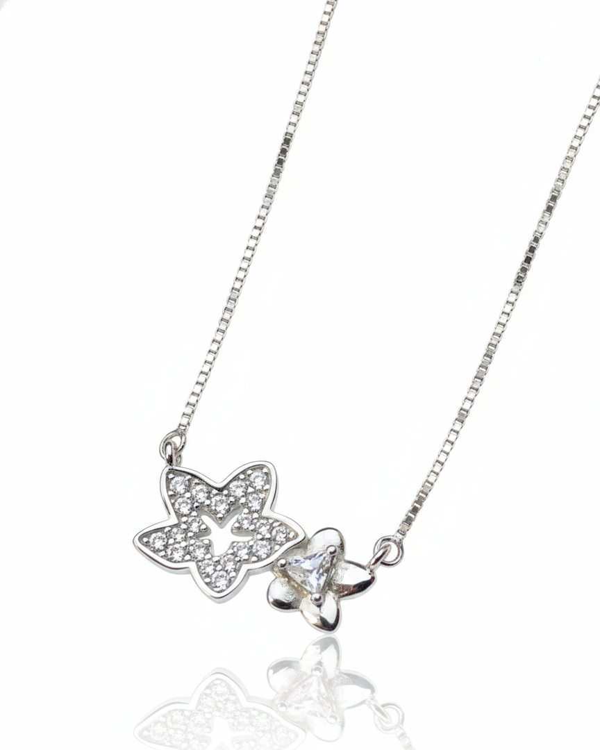 Sparkling Star & Petite Floral Necklace in 925 Sterling Silver
