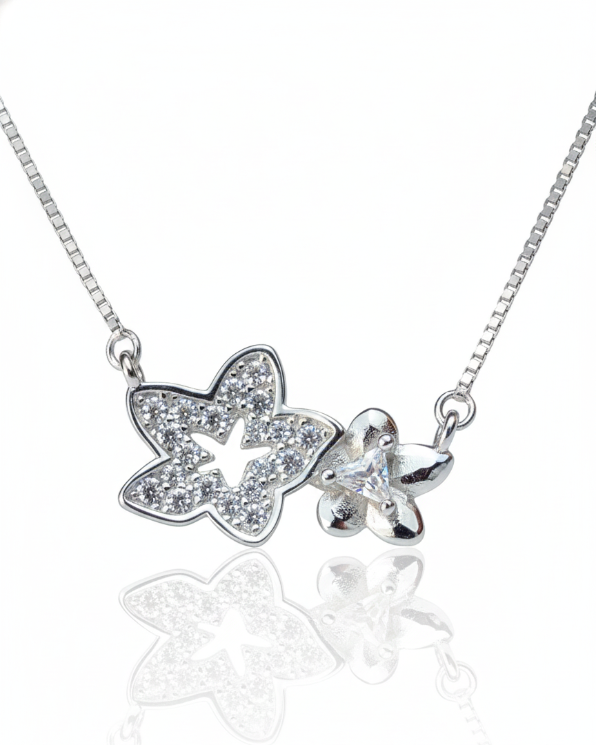 Sparkling Star & Petite Floral Necklace in 925 Sterling Silver