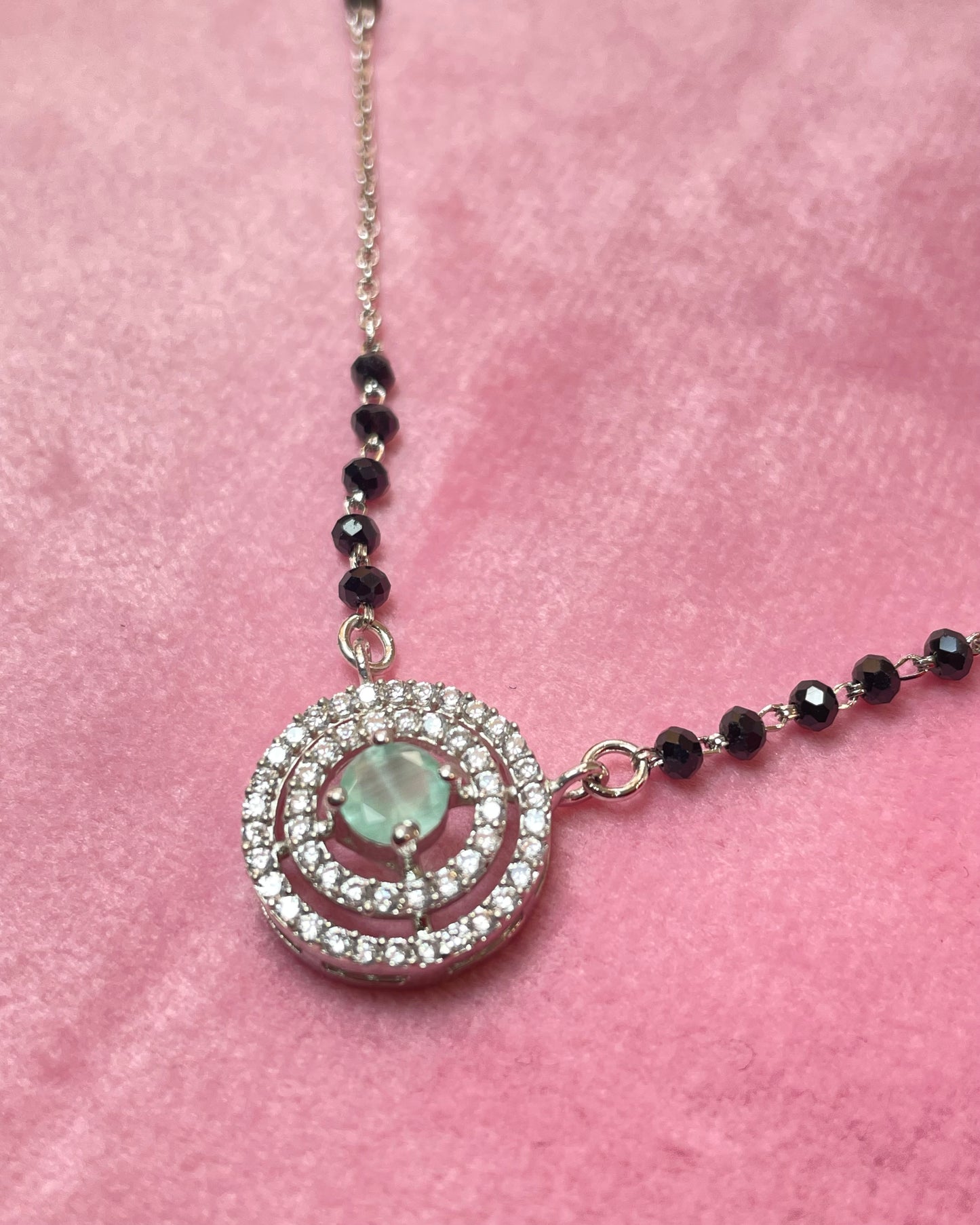The Emerald Glimmer: 925 Sterling Silver Mangalsutra with Double-Ring Halo