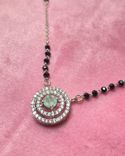 The Emerald Glimmer: 925 Sterling Silver Mangalsutra with Double-Ring Halo
