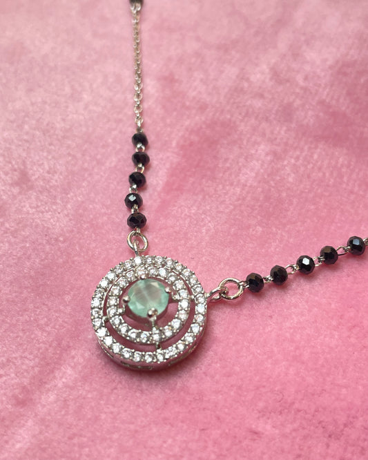 The Emerald Glimmer: 925 Sterling Silver Mangalsutra with Double-Ring Halo