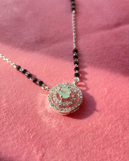 The Emerald Glimmer: 925 Sterling Silver Mangalsutra with Double-Ring Halo