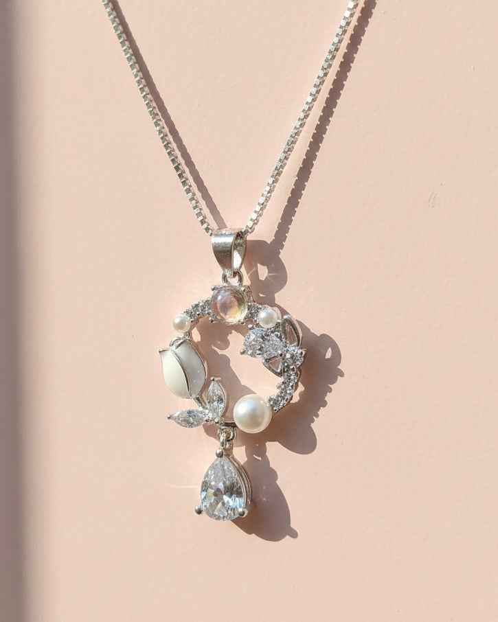 Sterling Silver Floral Pearl & CZ Blossom Pendant