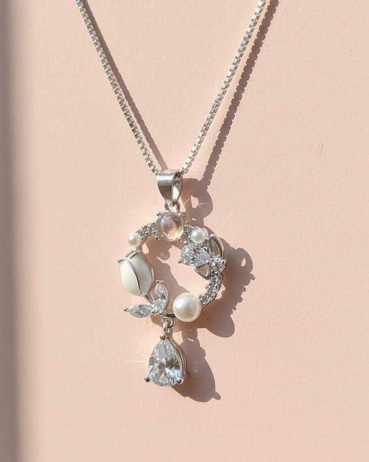 Sterling Silver Floral Pearl & CZ Blossom Pendant