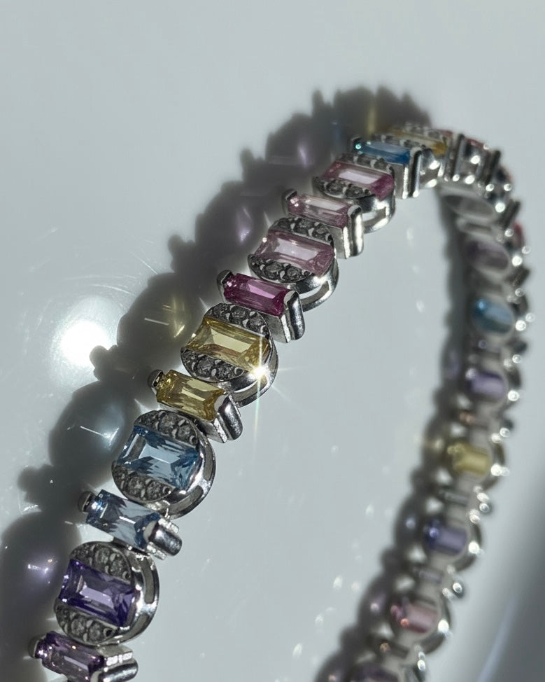 Spectrum Cascade: 925 Sterling Silver Multi-Color CZ Tennis Bracelet