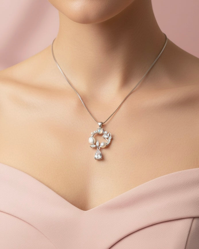 Sterling Silver Floral Pearl & CZ Blossom Pendant
