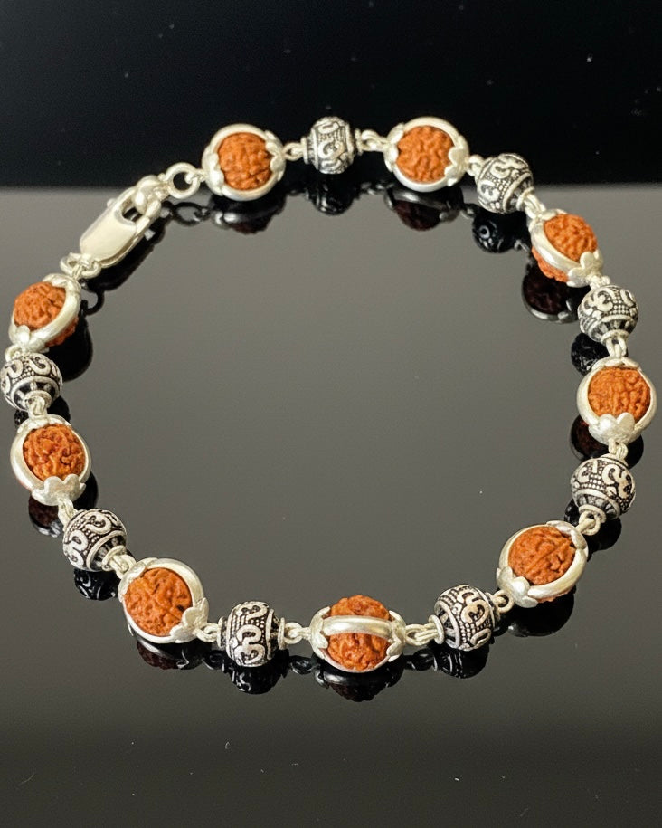 Rudraksha Bracelet with 925 Silver Om Links - Mahadev's Grace