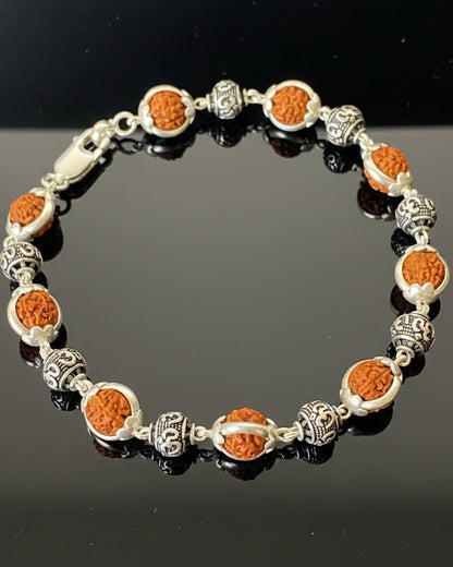 Rudraksha Bracelet with 925 Silver Om Links - Mahadev's Grace