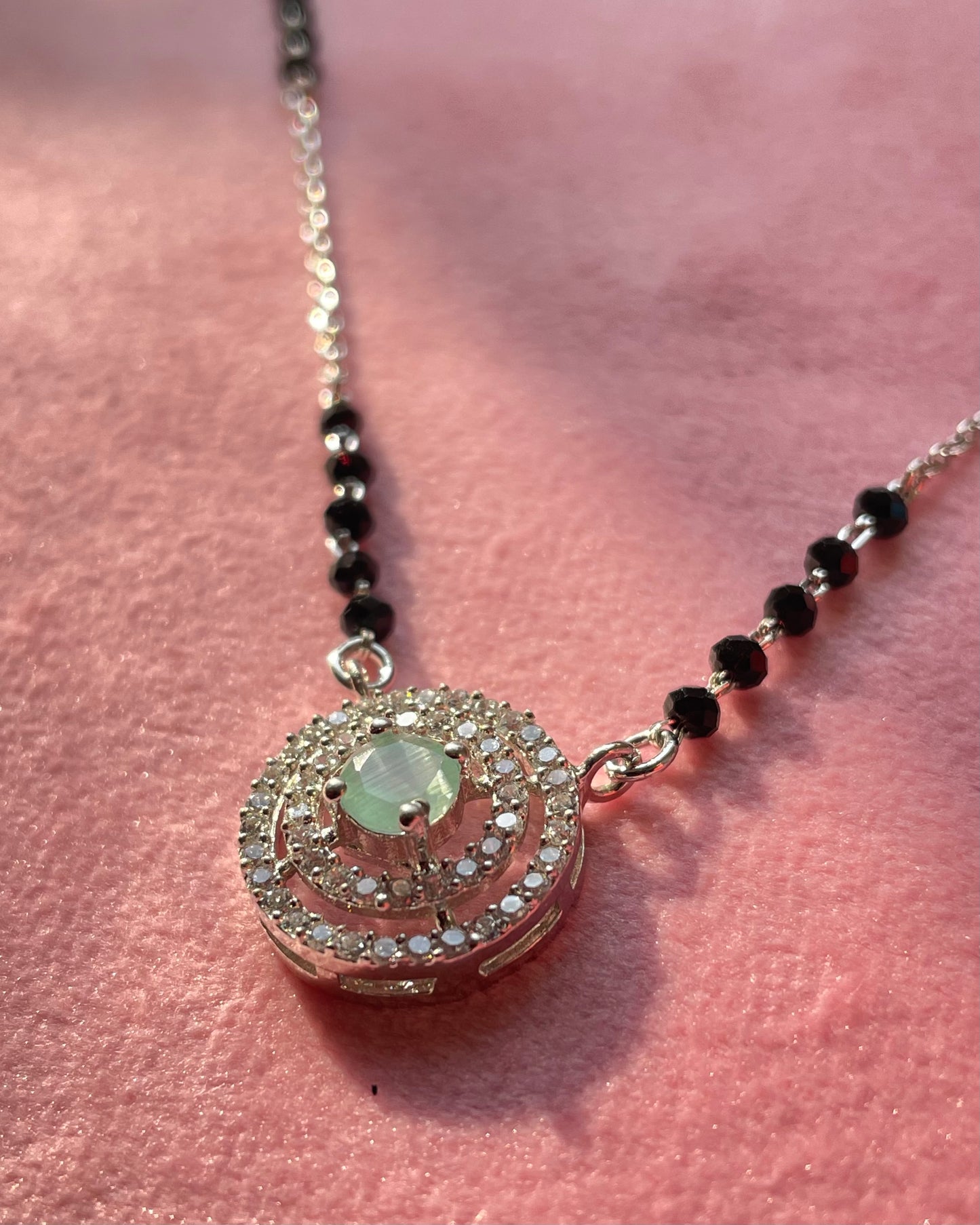 The Emerald Glimmer: 925 Sterling Silver Mangalsutra with Double-Ring Halo