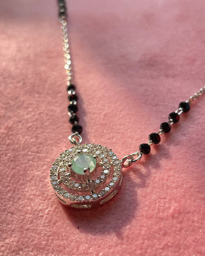 The Emerald Glimmer: 925 Sterling Silver Mangalsutra with Double-Ring Halo