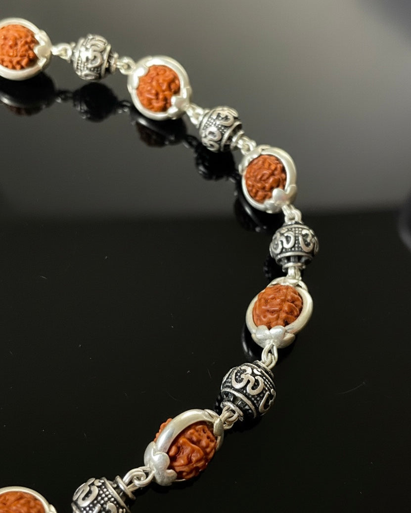 Rudraksha Bracelet with 925 Silver Om Links - Mahadev's Grace