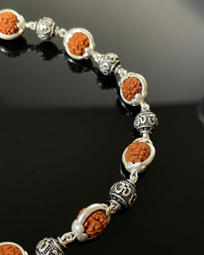 Rudraksha Bracelet with 925 Silver Om Links - Mahadev's Grace