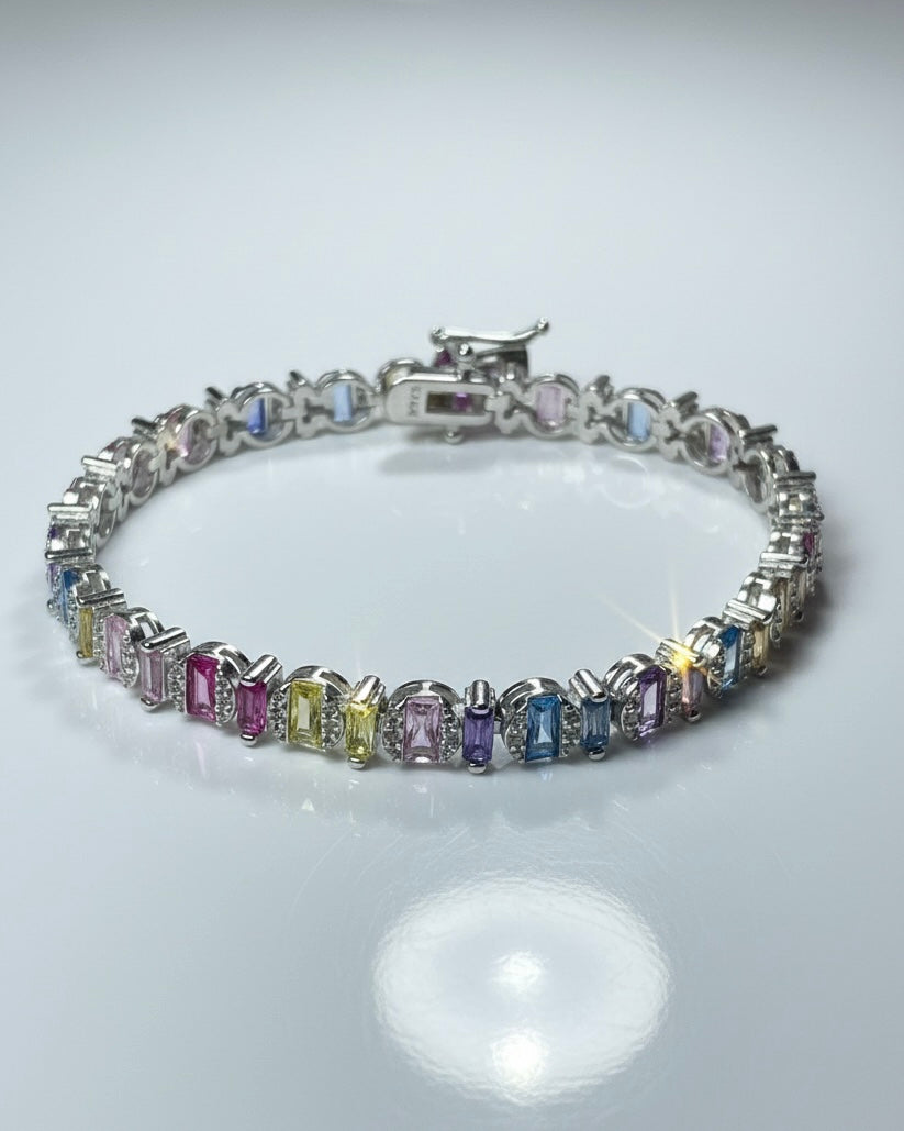 Spectrum Cascade: 925 Sterling Silver Multi-Color CZ Tennis Bracelet